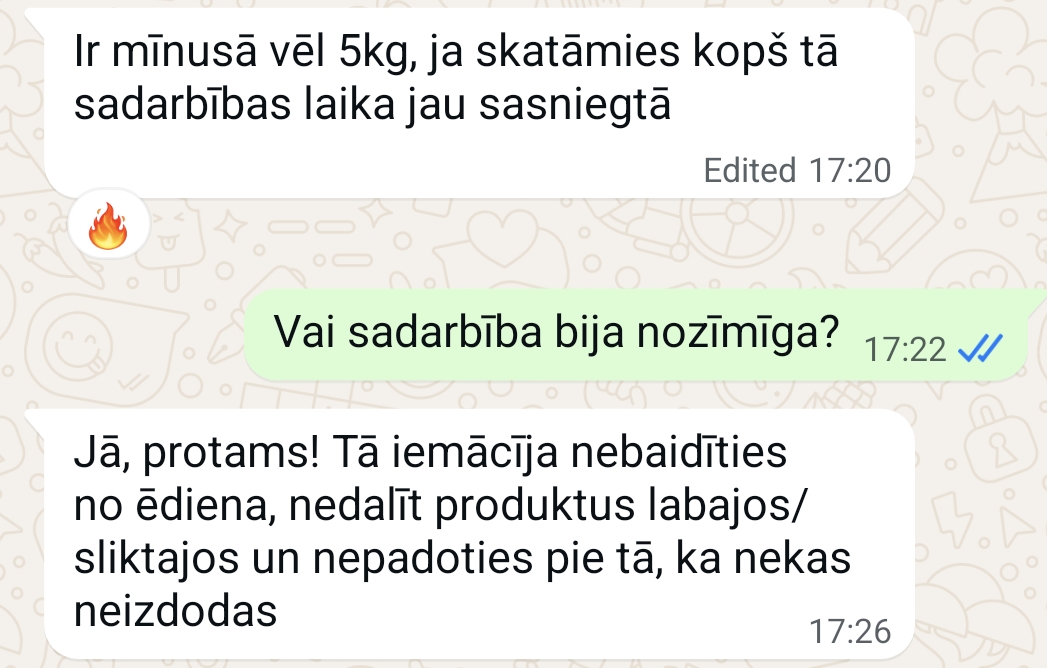 Atsauksmes ekrānuzņēmums: −5 kg kopš sadarbības