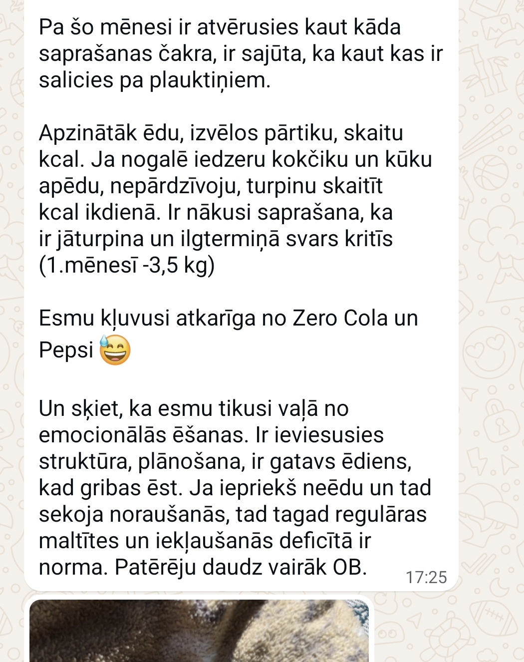 Atsauksmes ekrānuzņēmums: 1. mēnesī −3,5 kg